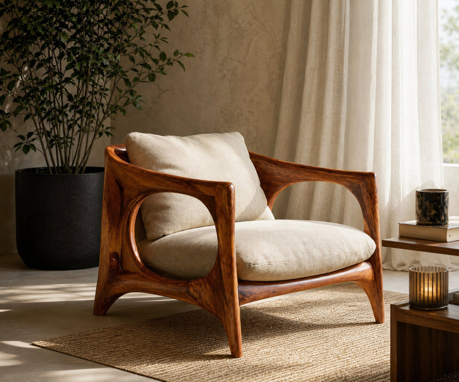 Modern Lounge Chair With Carved Frame For Living Room