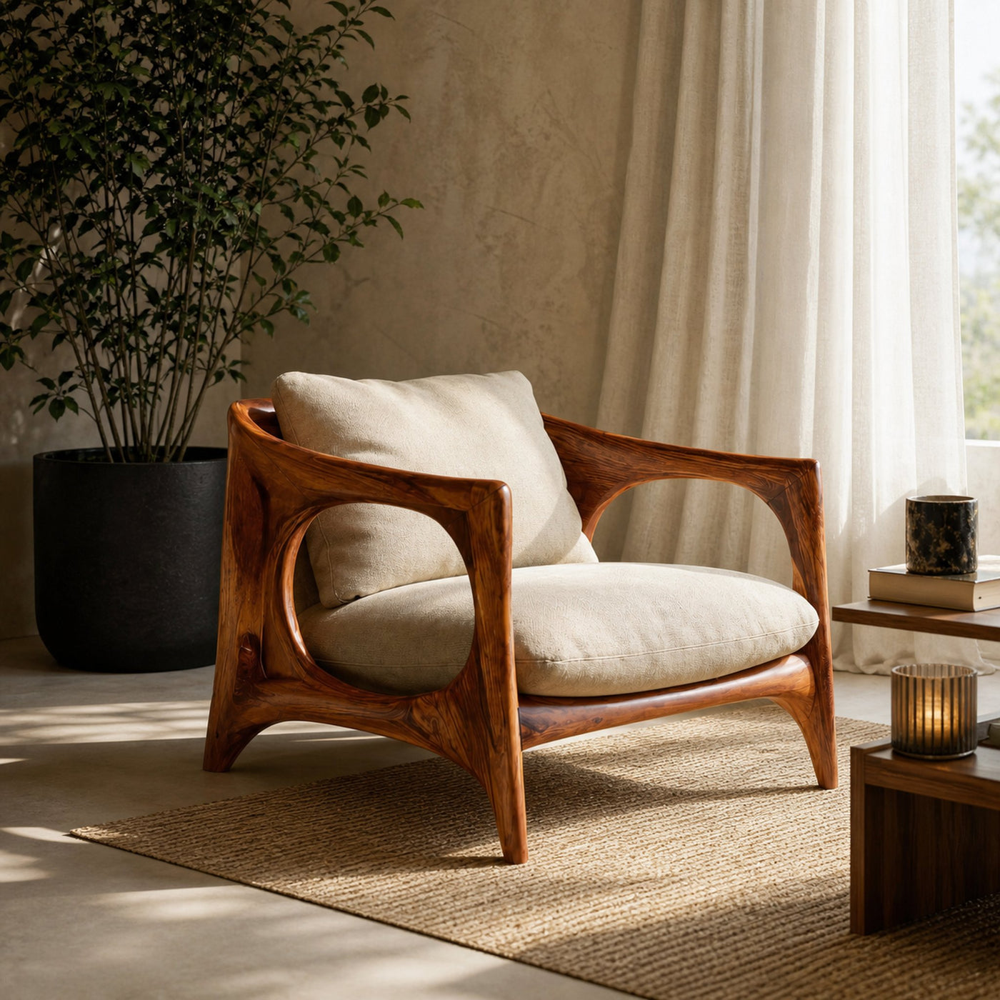 Modern Lounge Chair With Carved Frame For Living Room