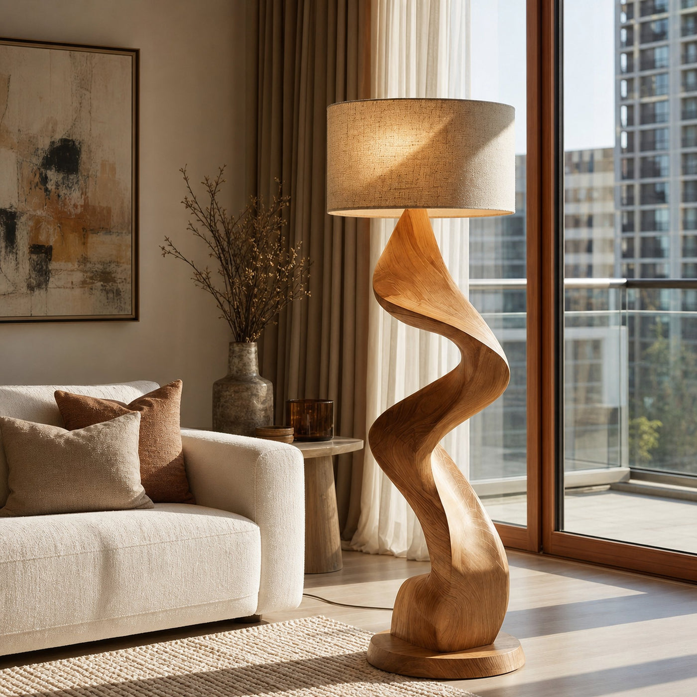 Modern Natural Wood Sculptural Floor Lamp For Living Room Decor