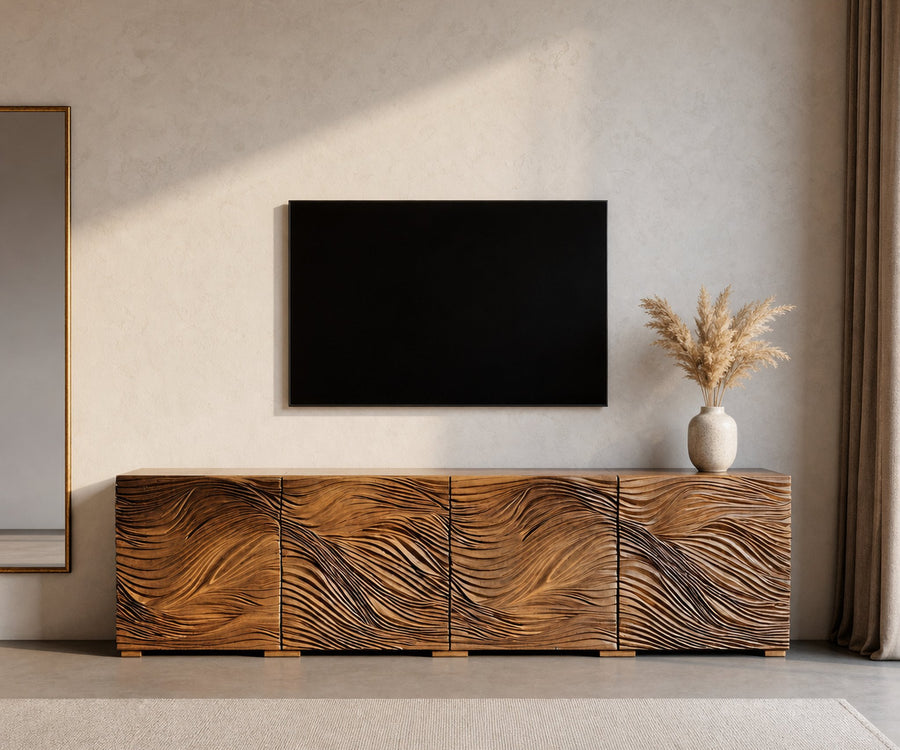 Modern Organic Wave Carved TV Console For Living Room