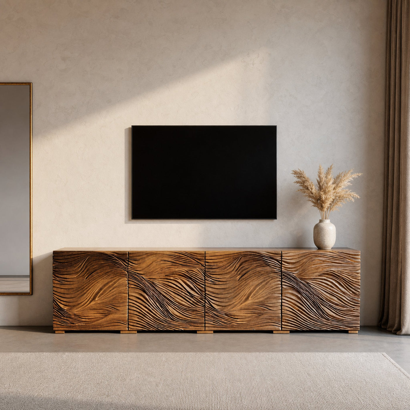 Modern Organic Wave Carved TV Console For Living Room
