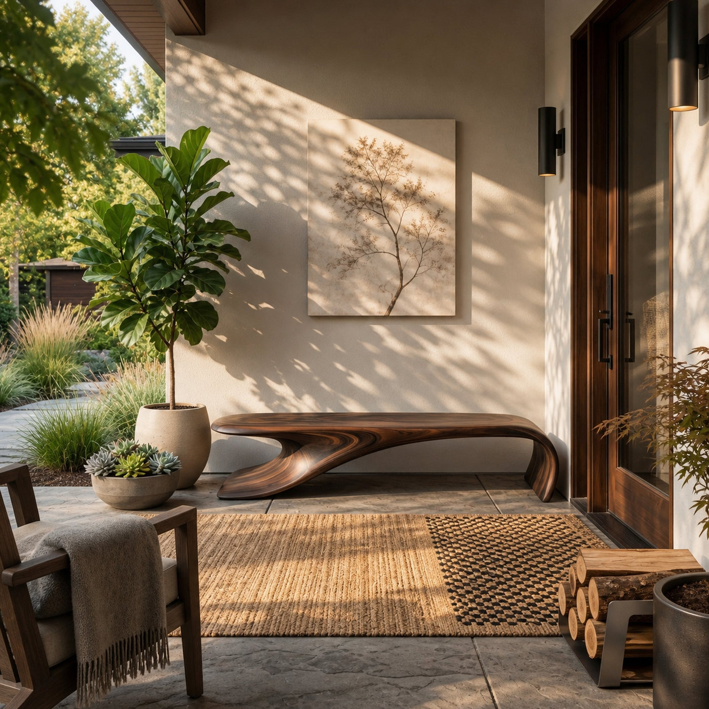 Modern Sculptural Bench With Flowing Curves For Living Room