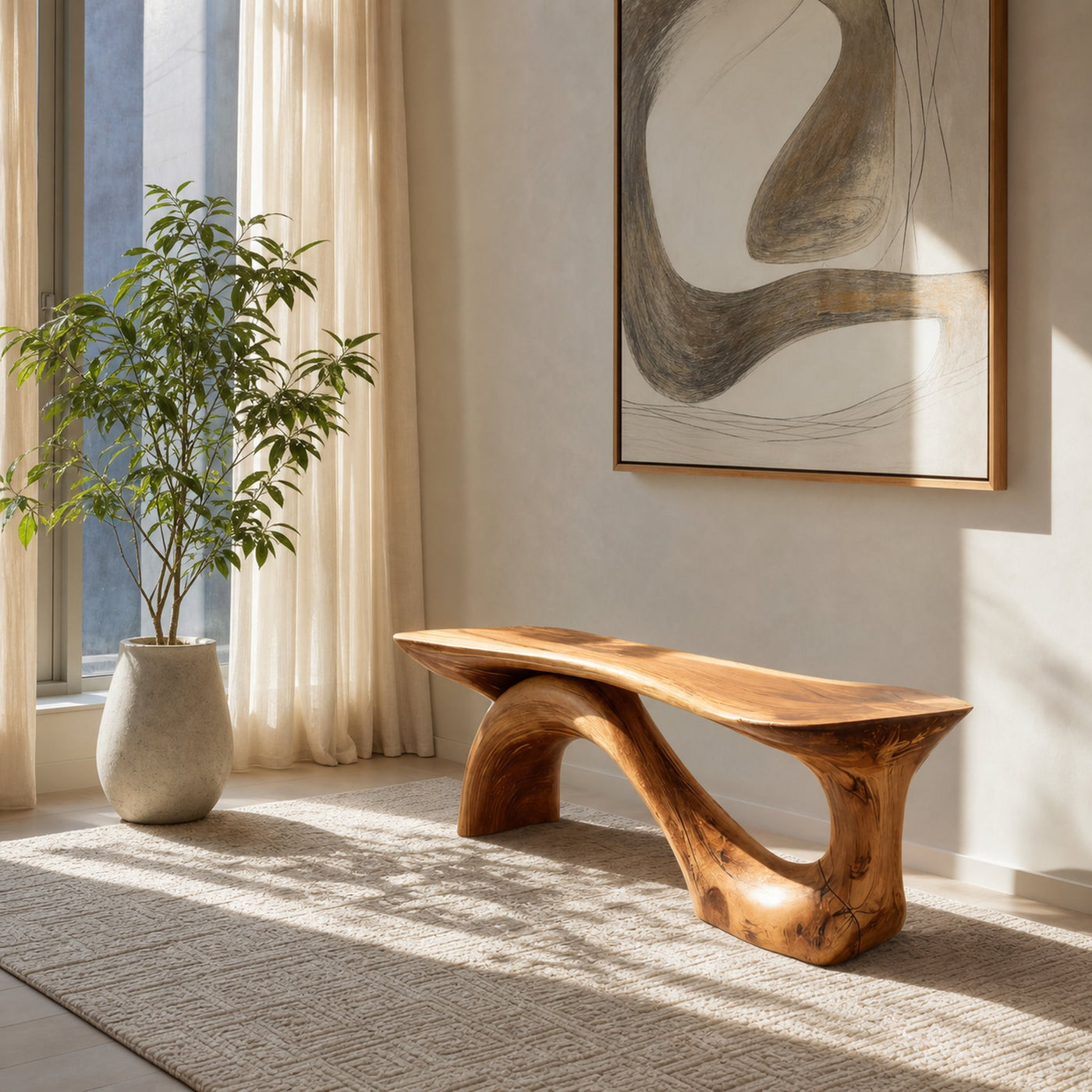 Modern Sculptural Bench With Organic Design For Living Room