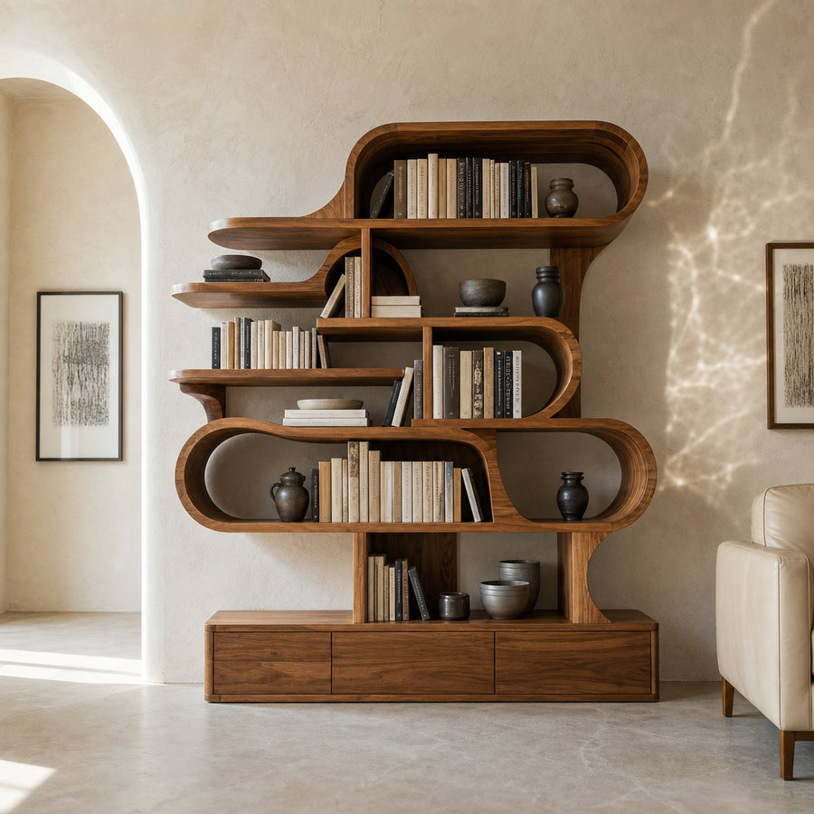 Modern Sculptural Bookshelf With Curved Design For Living Room Or Office