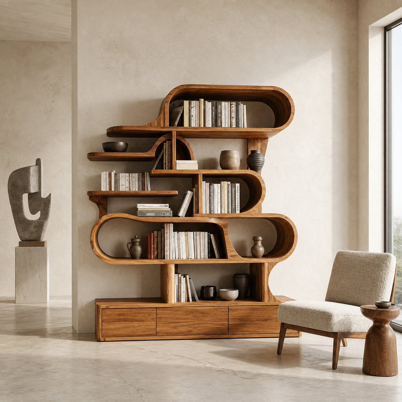 Modern Sculptural Bookshelf With Curved Design For Living Room Or Office - product view 6