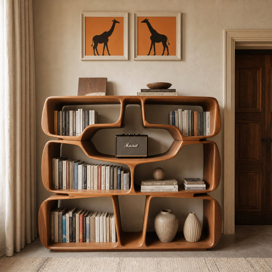 Modern Sculptural Bookshelf With Organic Curves For Living Room