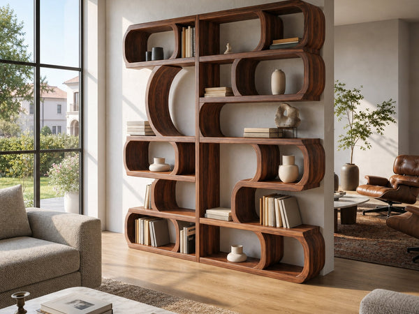 Modern Sculptural Bookshelf With Symmetrical Curves For Living Room Or Office