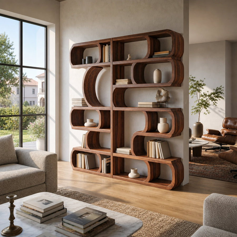 Modern Sculptural Bookshelf With Symmetrical Curves For Living Room Or Office