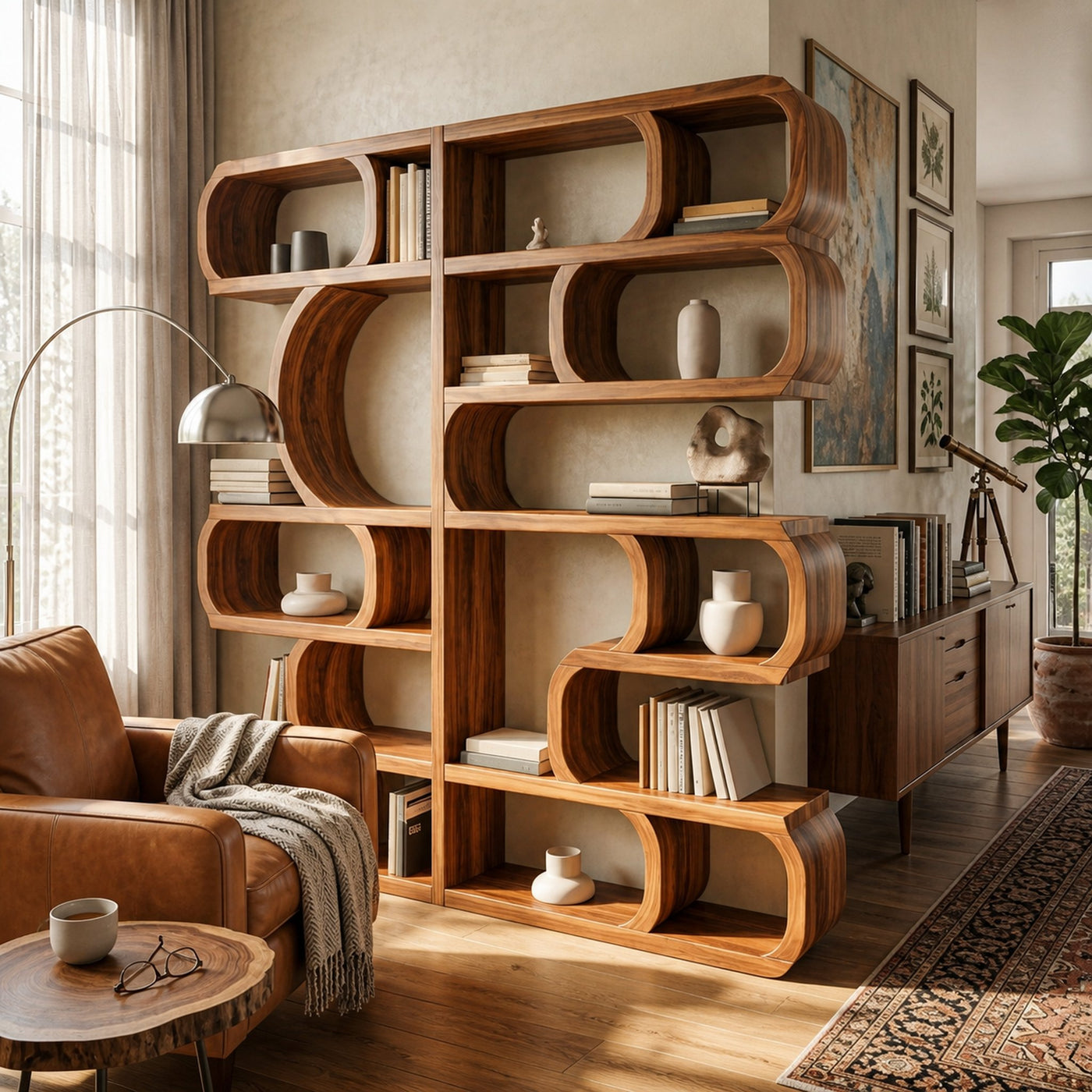 Modern Sculptural Bookshelf With Symmetrical Curves For Living Room Or Office - product view 6
