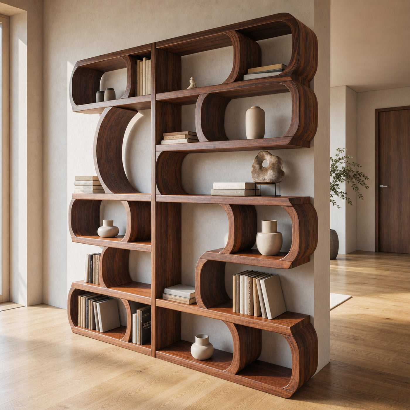 Modern Sculptural Bookshelf With Symmetrical Curves For Living Room Or Office - product view 7