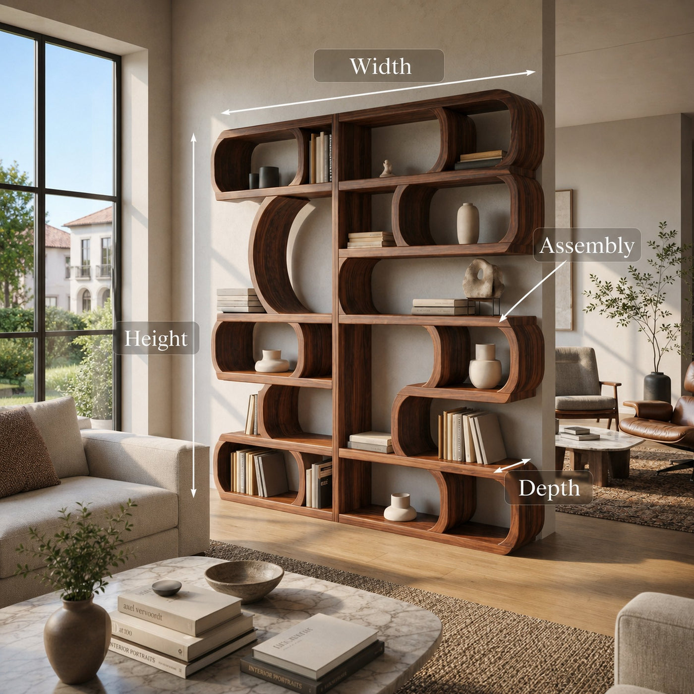 Modern Sculptural Bookshelf With Symmetrical Curves For Living Room Or Office - product view 8