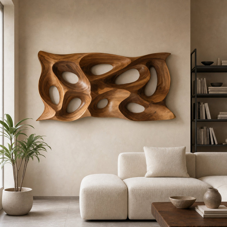 Modern Sculptural Wall Art With Abstract Carved Panel For Lounge