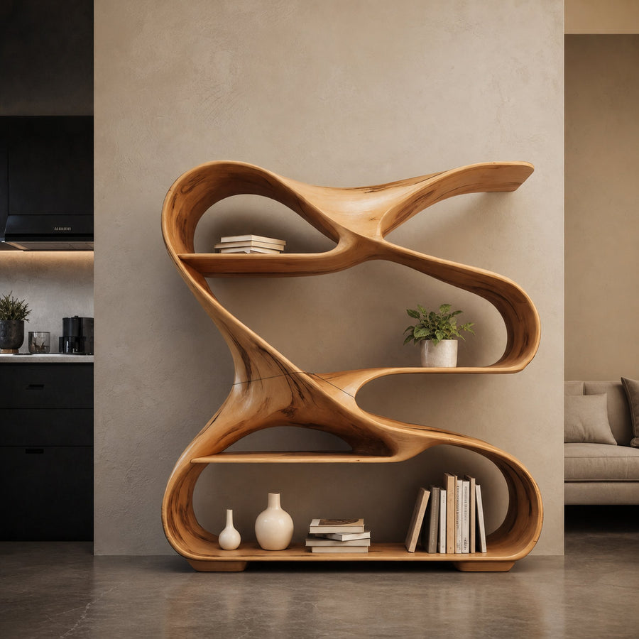Modern Sculptural Wooden Bookshelf For Living Room Or Office Display