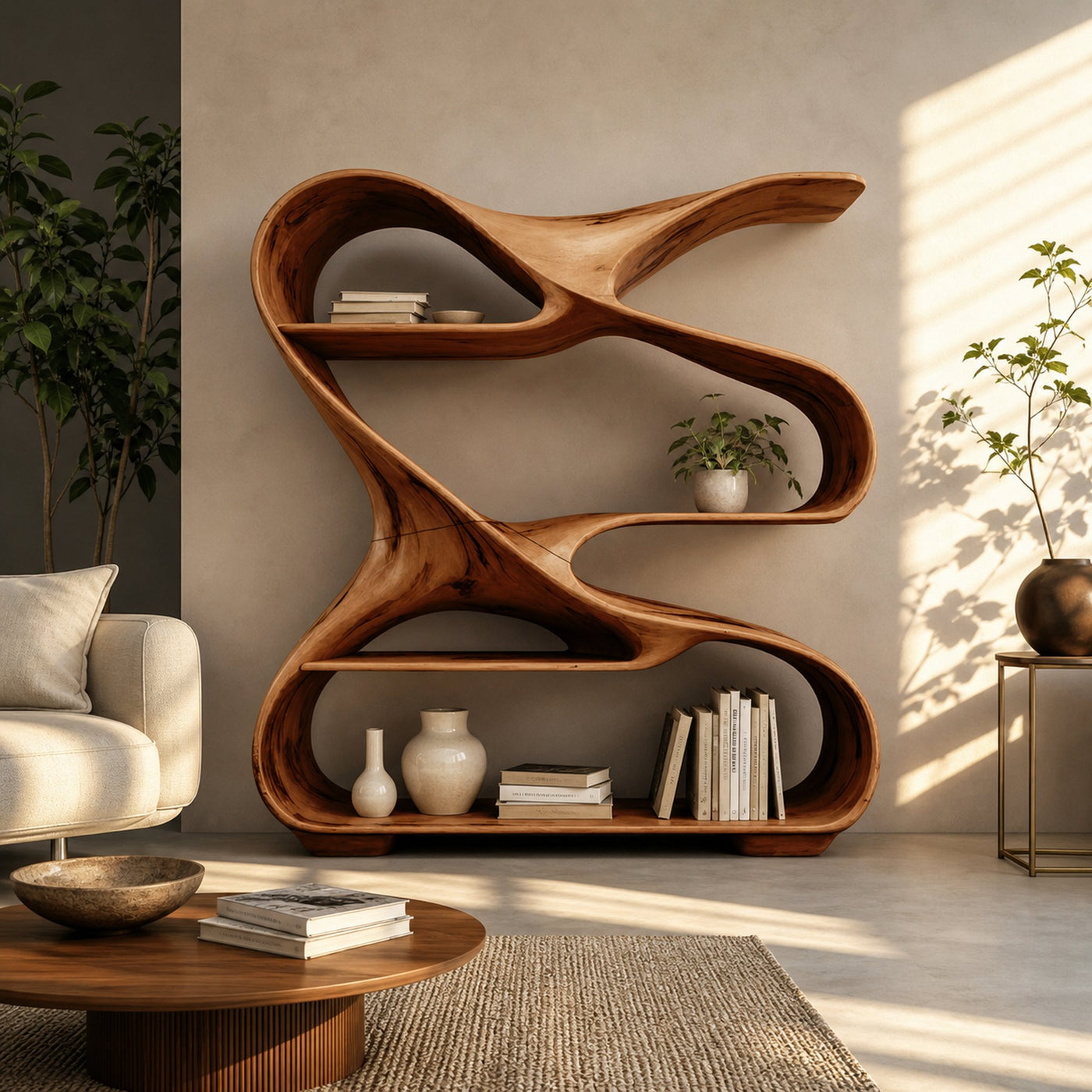 Modern Sculptural Wooden Bookshelf For Living Room Or Office Display - product view 6