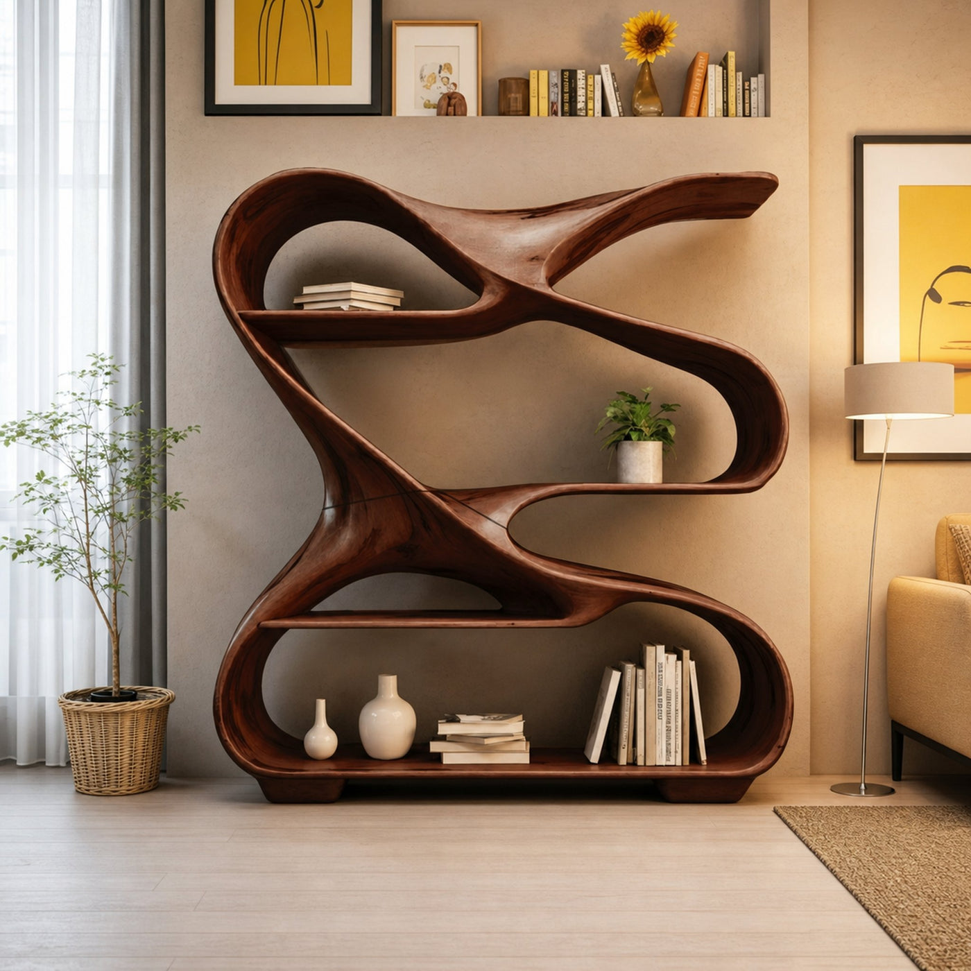 Modern Sculptural Wooden Bookshelf For Living Room Or Office Display - product view 7