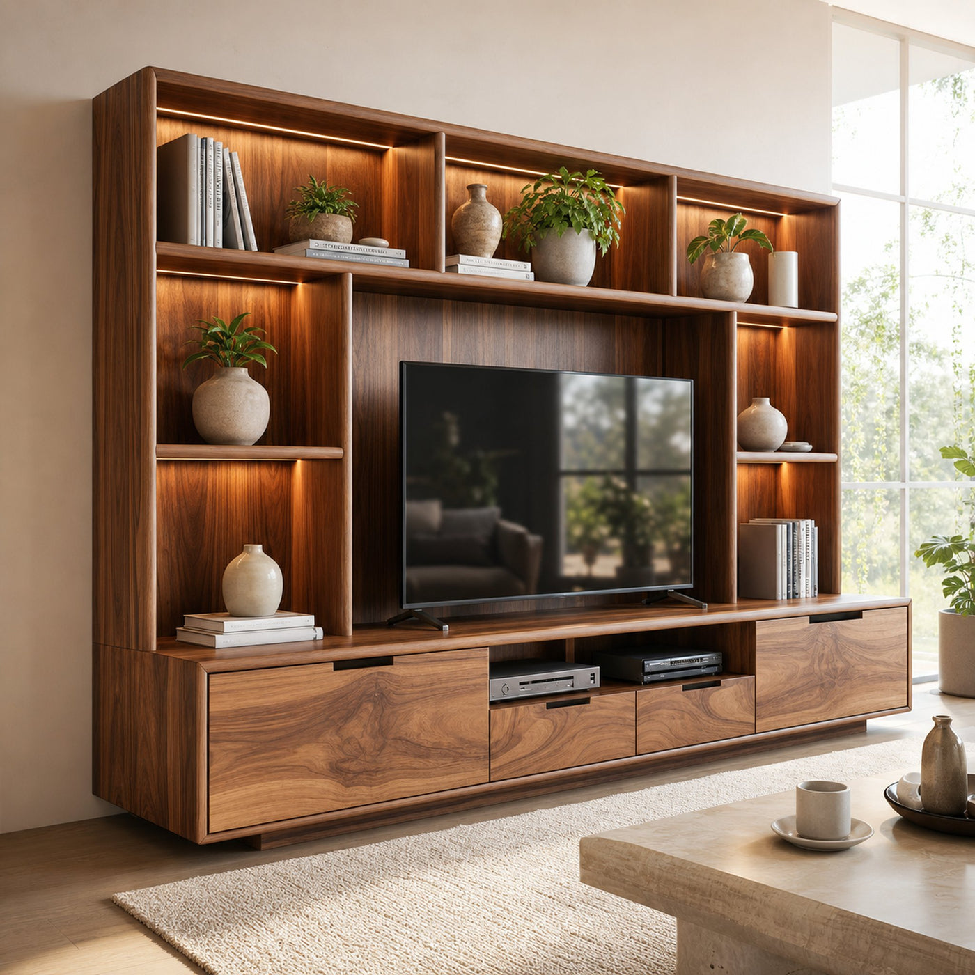 Modern TV Wall Unit With LED Shelves For Living Room