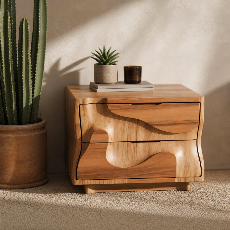 Modern Wavy Nightstand with Carved Drawer Cabinet For Bedroom And Living Room