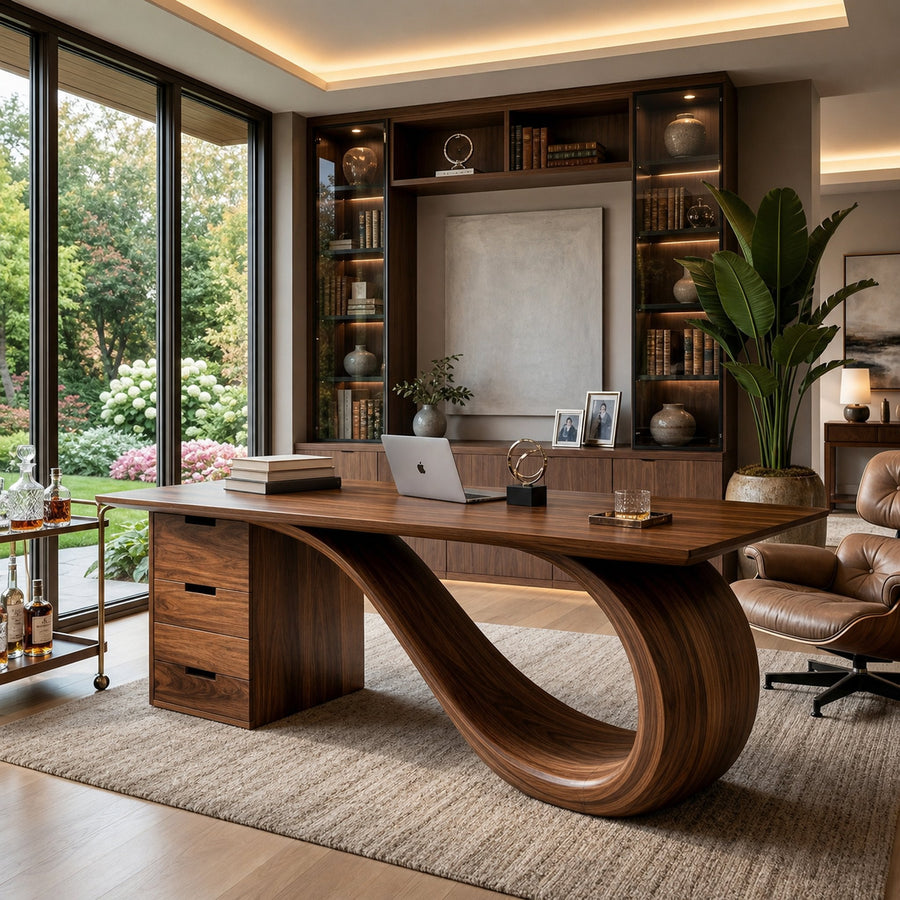 Modern Wooden Desk With Curved Base For Office