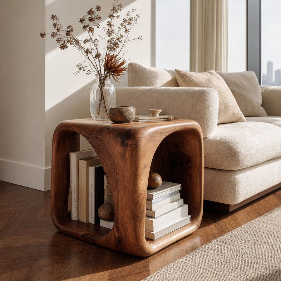 Modern Wooden Side Table With Sculptural Hollow Form For Living Room