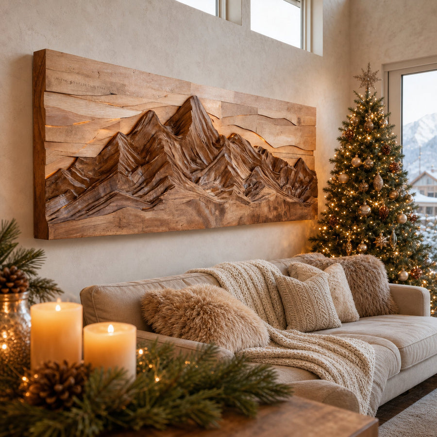 Mountain Wall Art With Layered Carved Design For Holiday Decor
