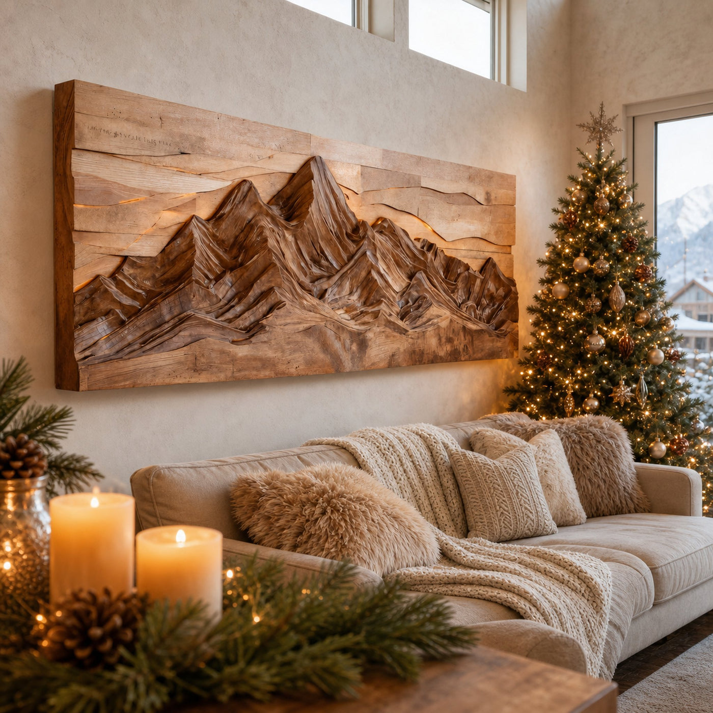 Mountain Wall Art With Layered Carved Design For Holiday Decor