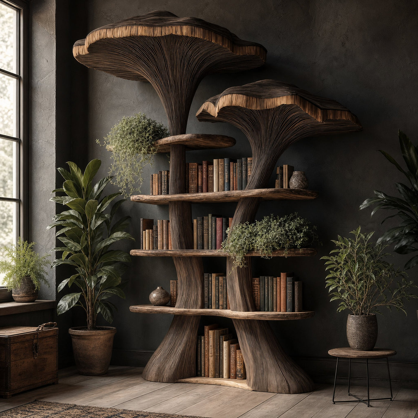 Mushroom Tree Bookshelf Wooden Nature Inspired Fantasy Gift