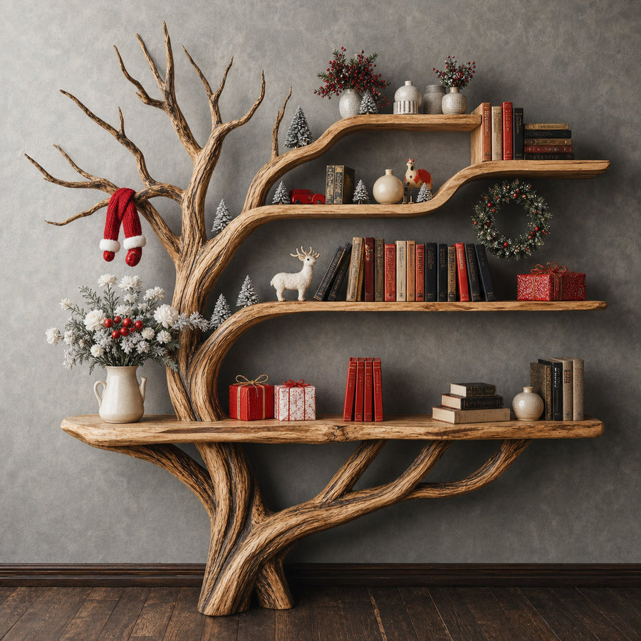 Narrow Floating Live Edge Side Table With Tree Bookshelf