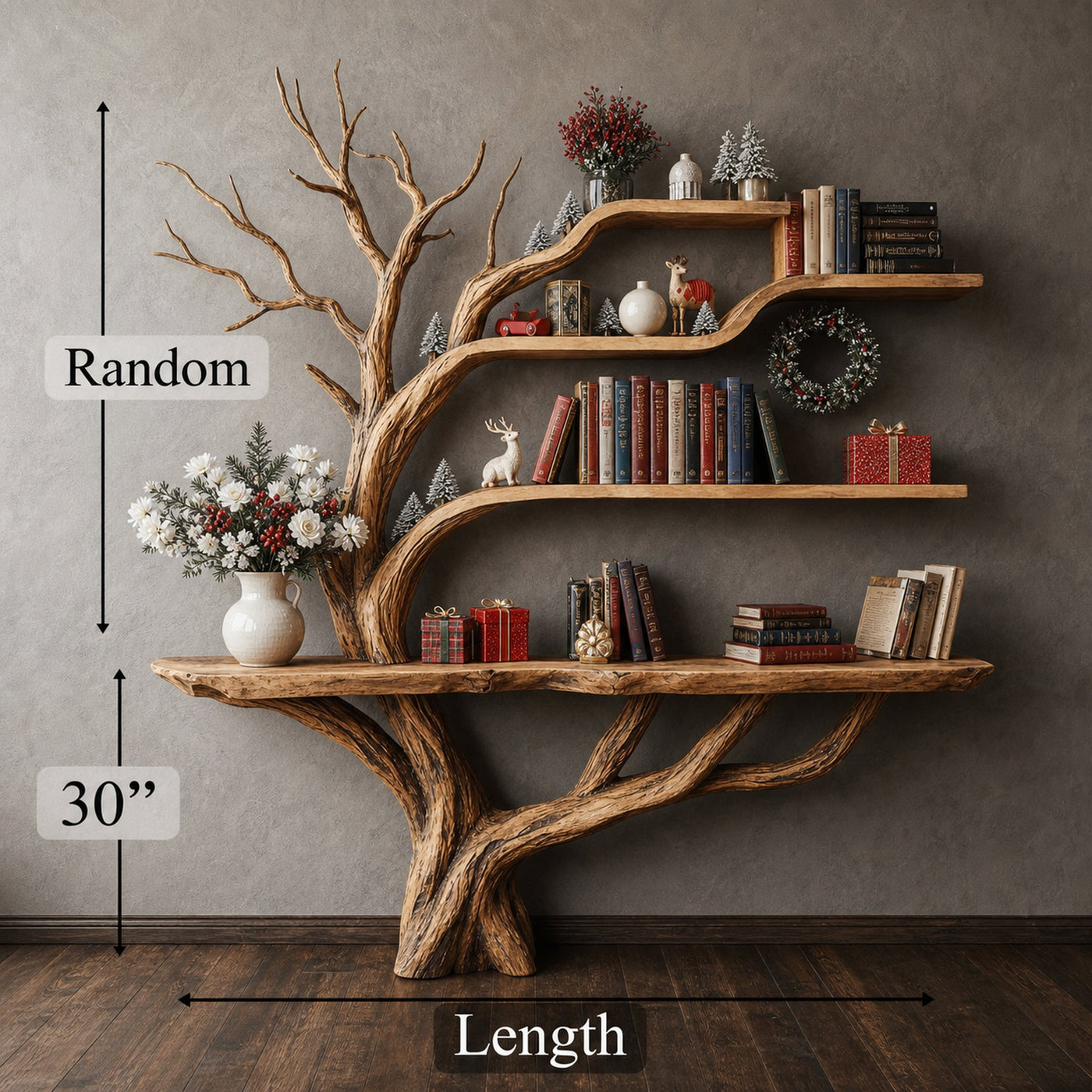 Narrow Floating Live Edge Side Table With Tree Bookshelf - product view 6