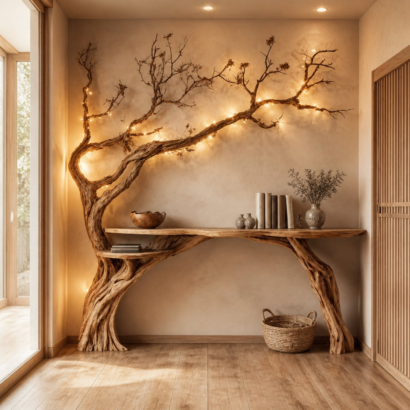 Natural Solid Wood Tree Bookshelf Rustic Side Table Farmhouse