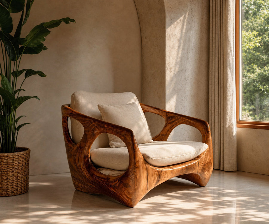 Organic Accent Chair With Carved Frame For Living Room