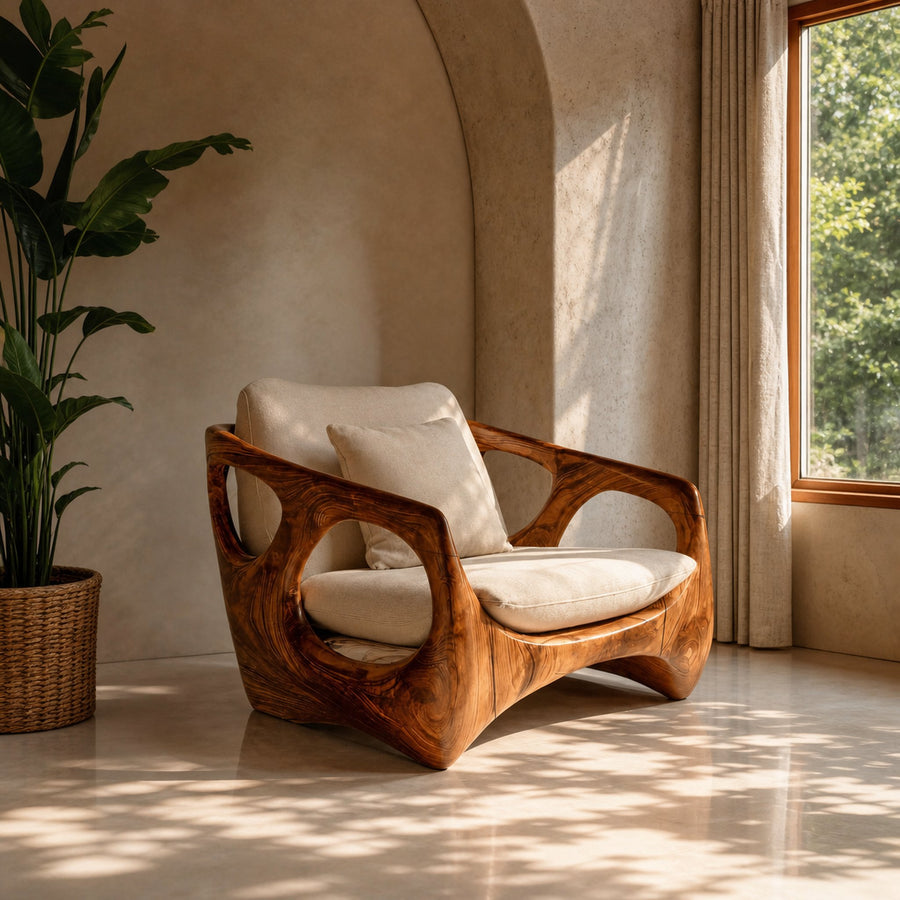 Organic Accent Chair With Carved Frame For Living Room
