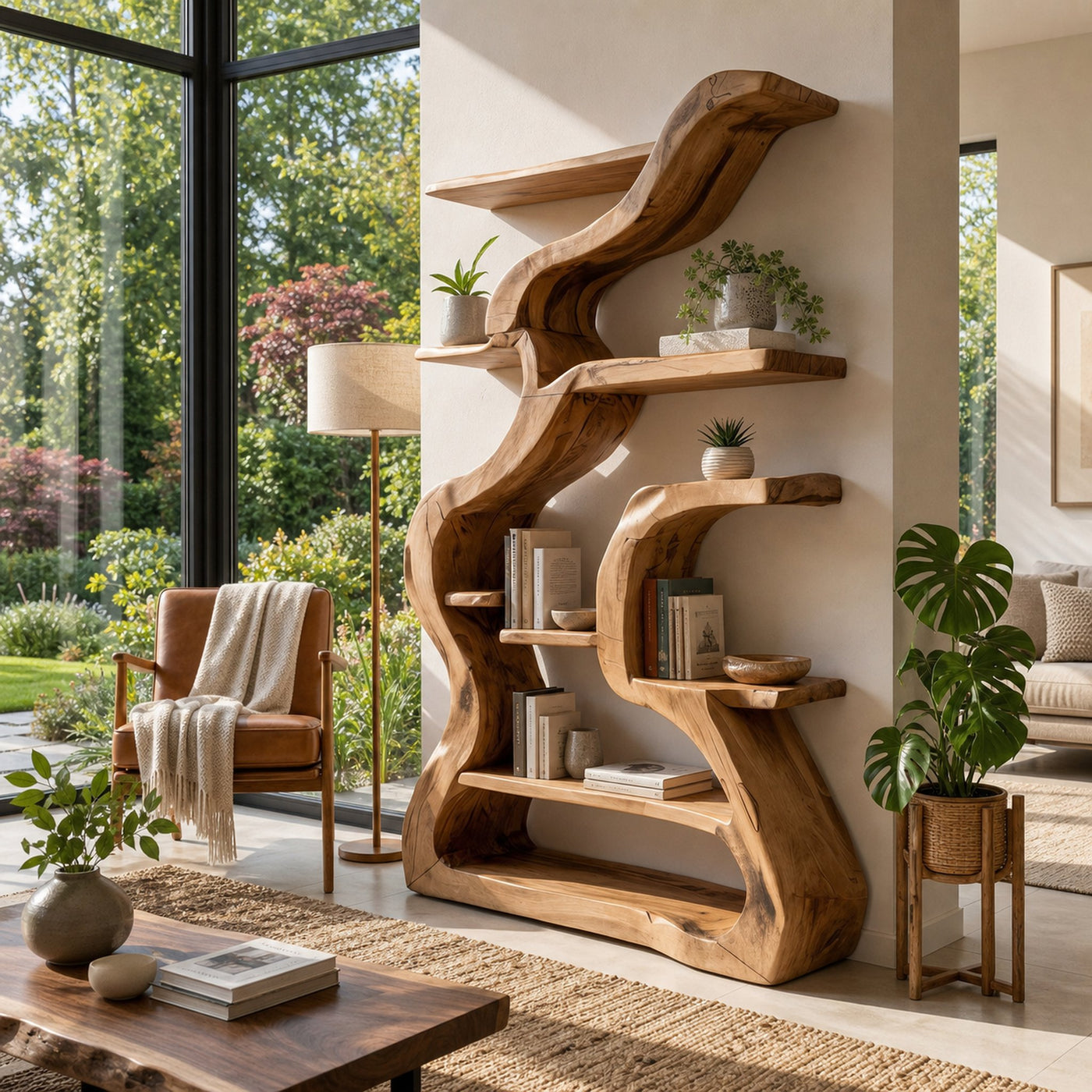 Organic Sculptural Bookshelf With Curved Design For Living Room