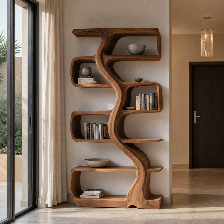 Organic Sculptural Bookshelf With Wavy Design For Living Room