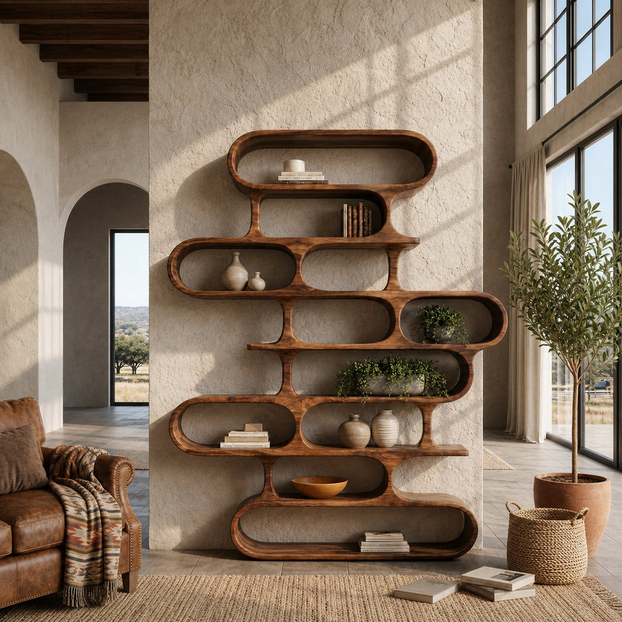 Organic Sculptural Wood Bookshelf With Curved Form For Living Room Or Office