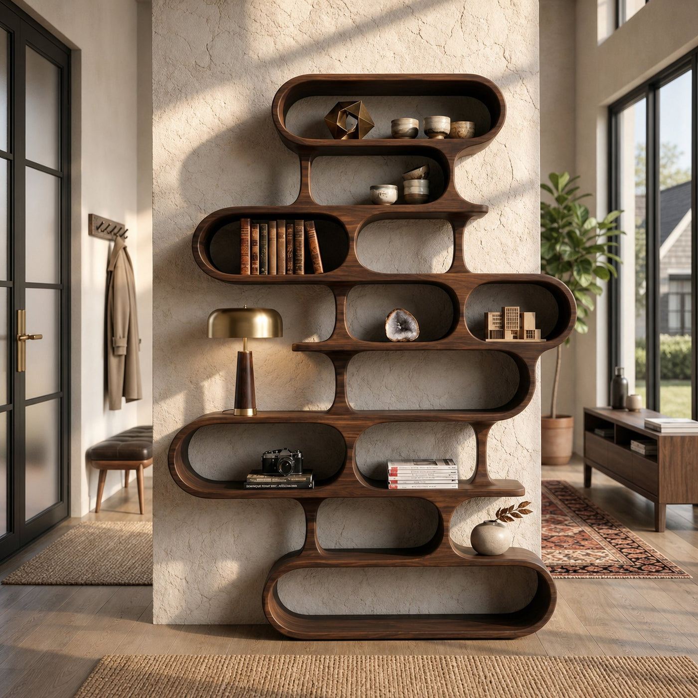 Organic Sculptural Wood Bookshelf With Curved Form For Living Room Or Office - product view 7