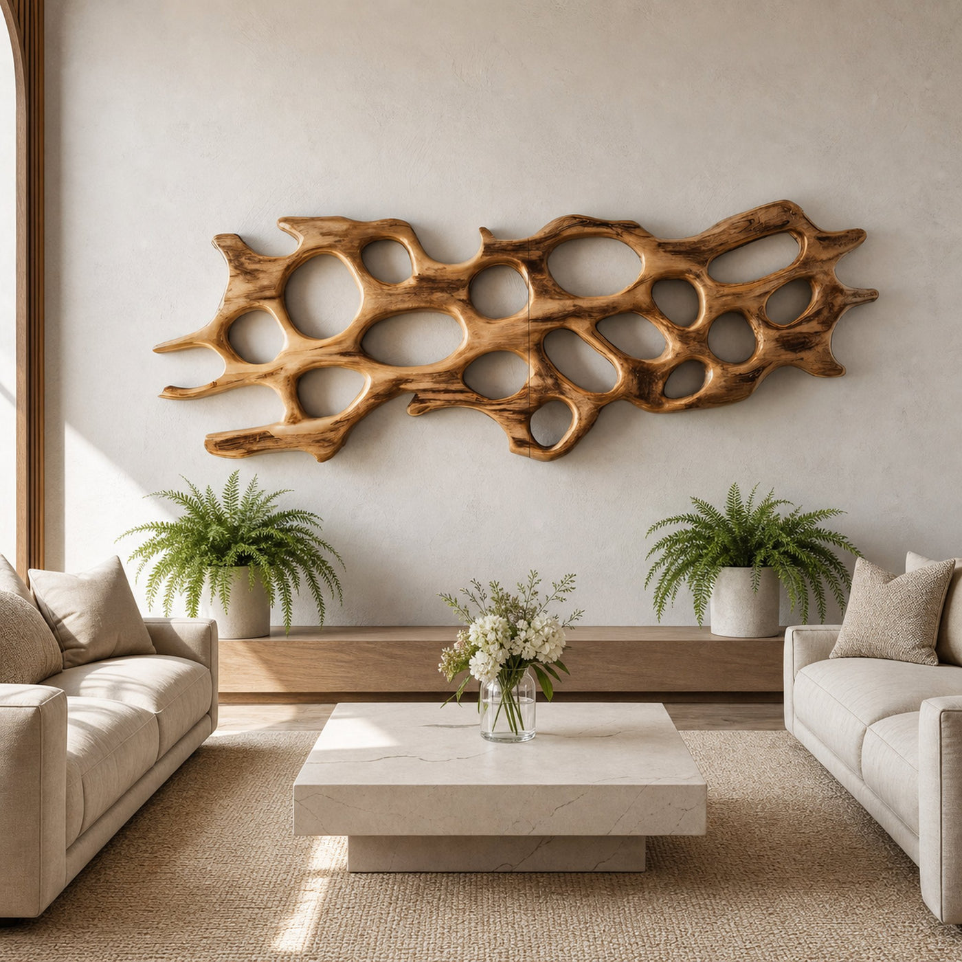 Organic Wall Art Sculpture With Abstract Carving For Living Room