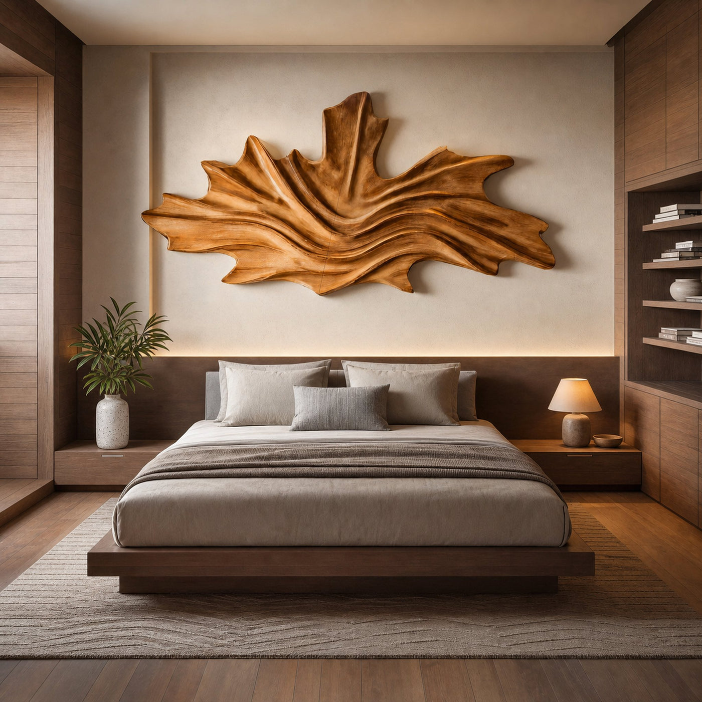 Organic Wall Art With Flowing Leaf Carved Design For Bedroom