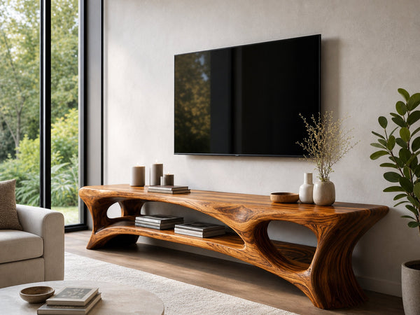 Organic Wood TV Stand With Open Shelf For Living Space