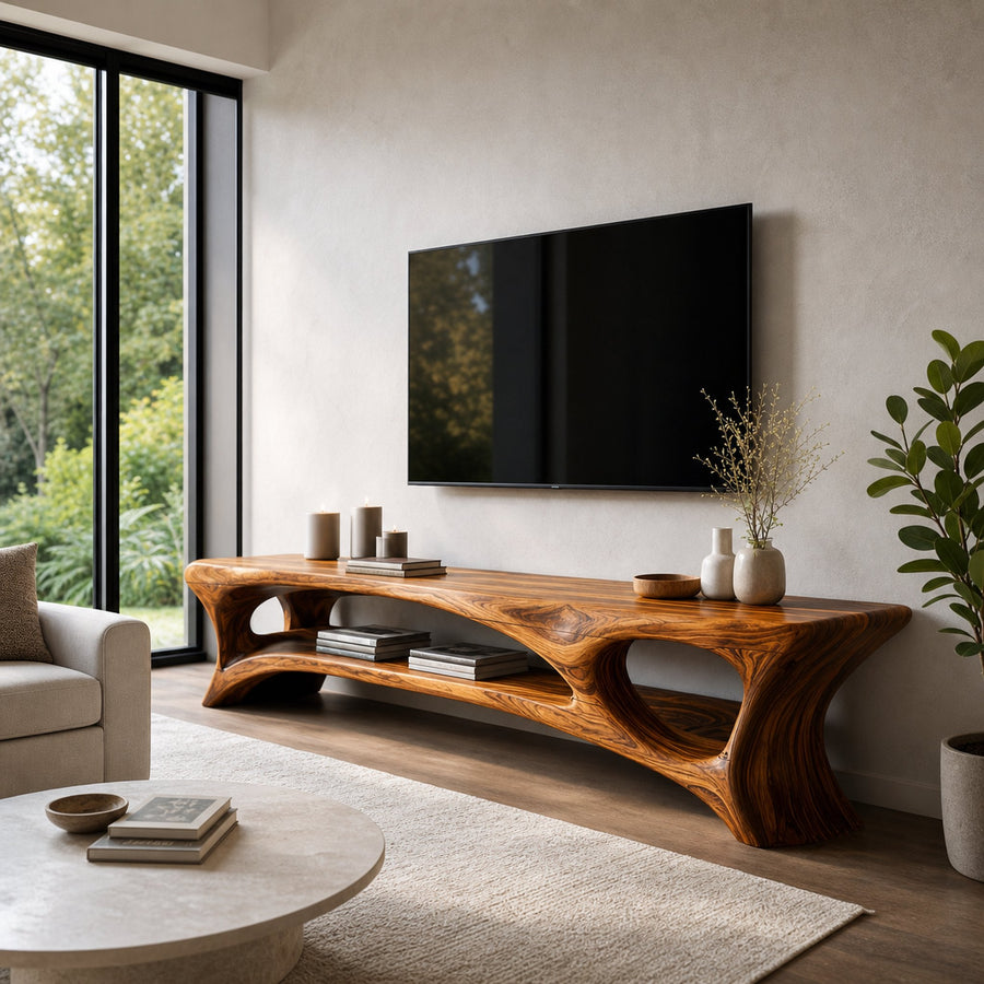 Organic Wood TV Stand With Open Shelf For Living Space