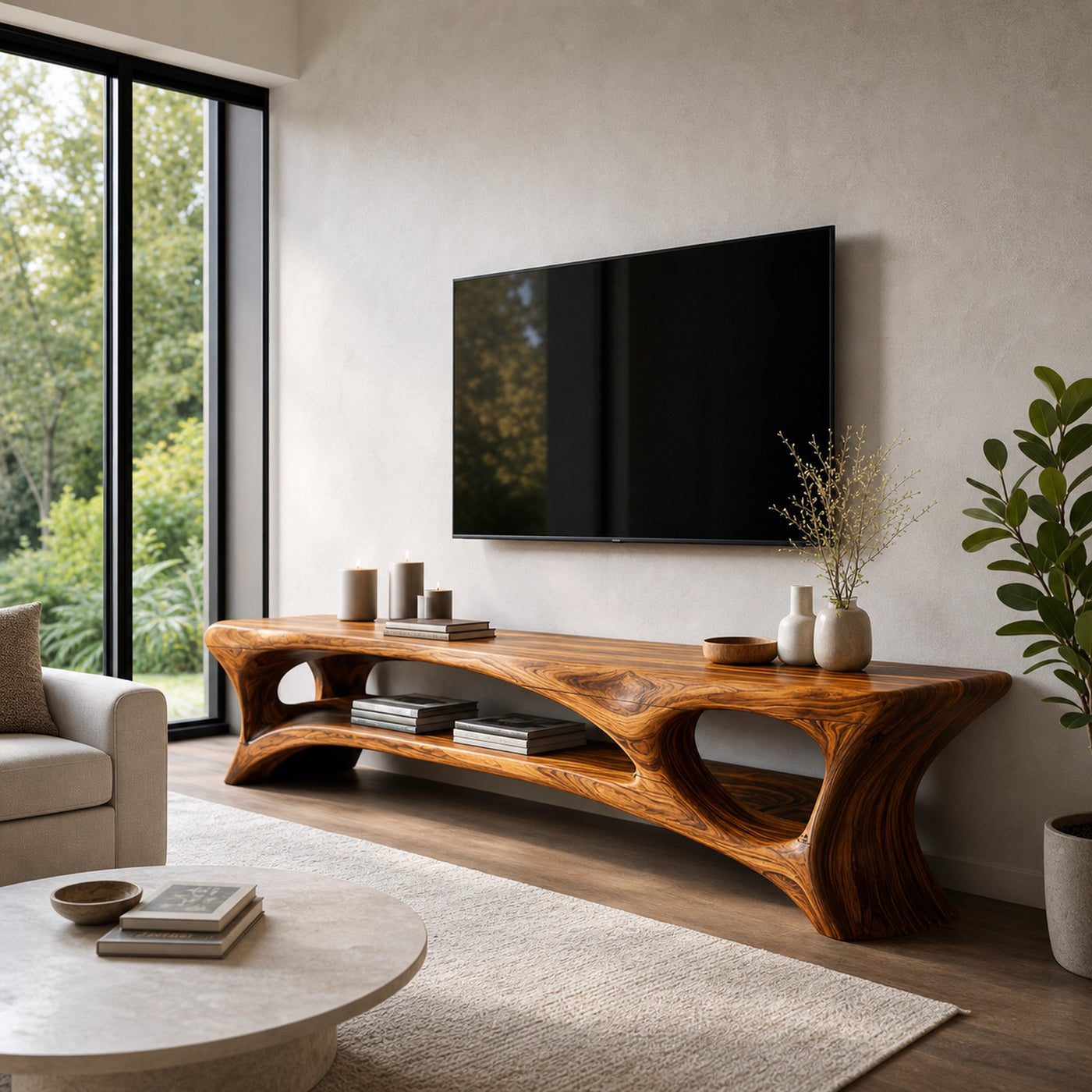 Organic Wood TV Stand With Open Shelf For Living Space