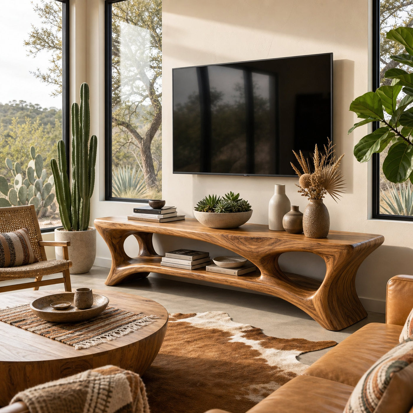 Organic Wood TV Stand With Open Shelf For Living Space - product view 6