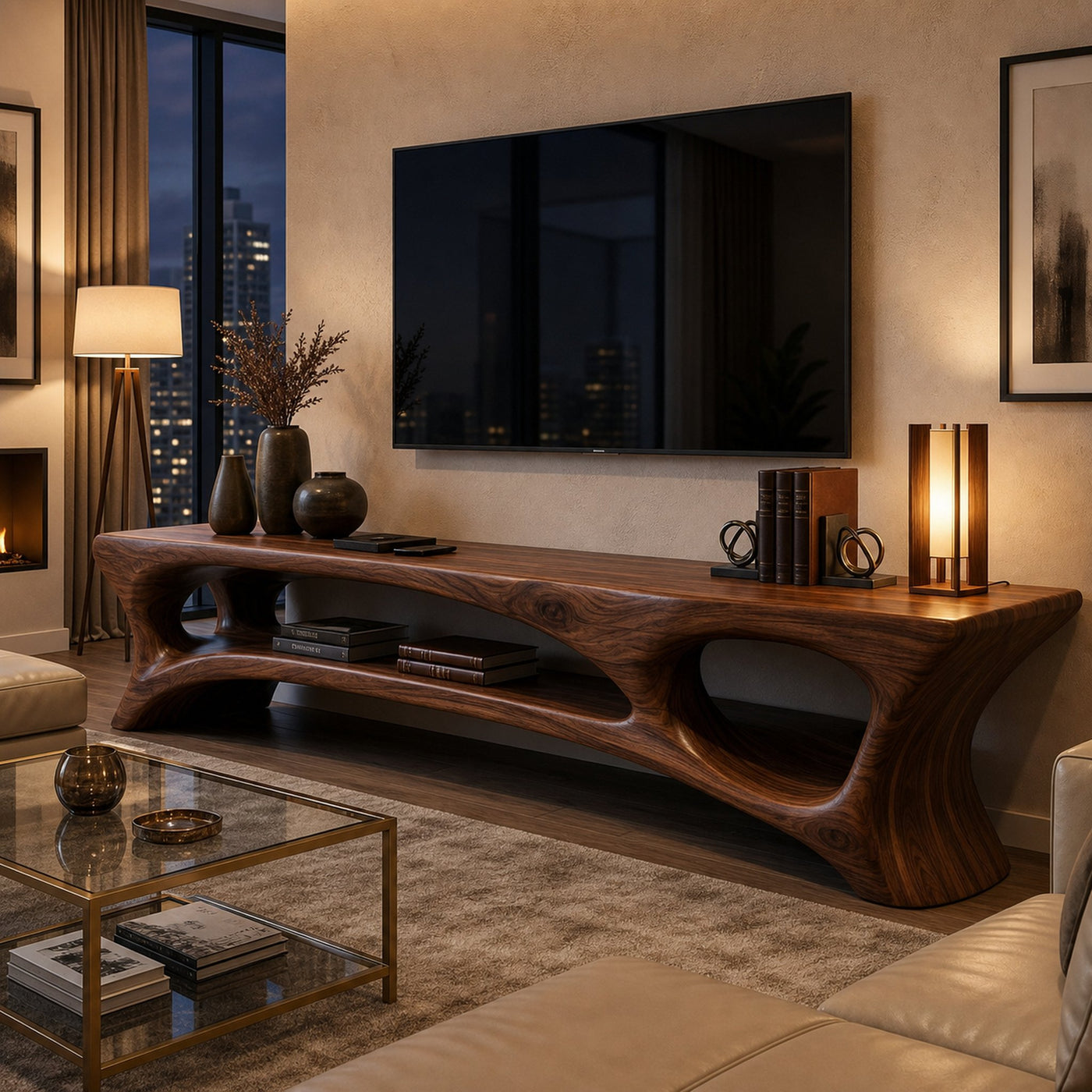 Organic Wood TV Stand With Open Shelf For Living Space - product view 7