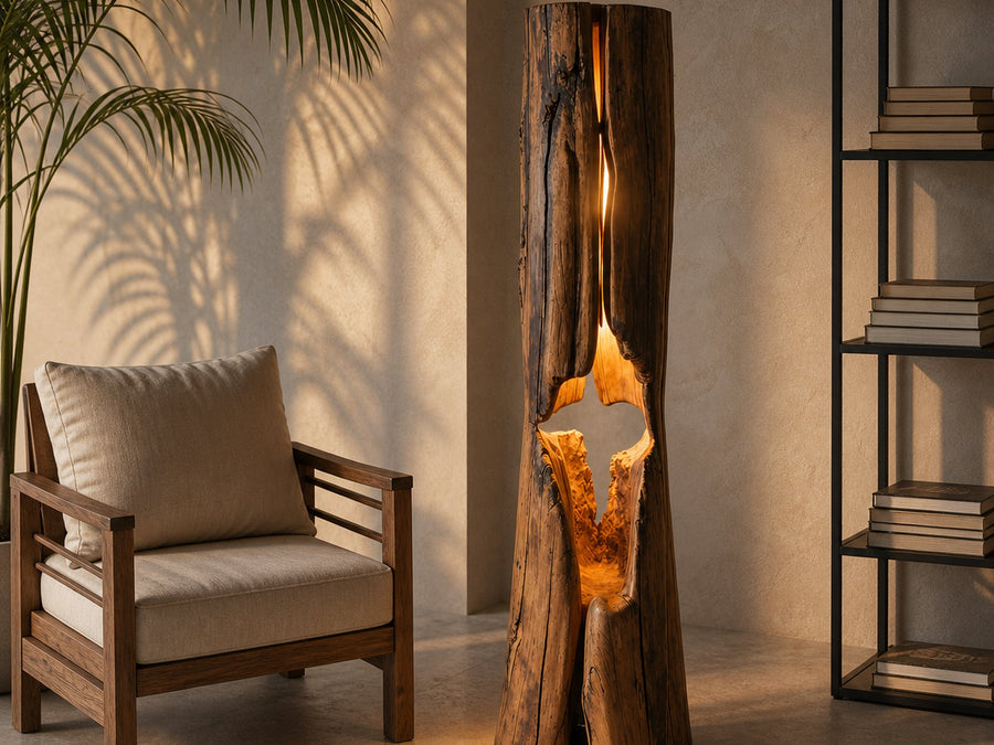 Rustic Hollowed Log Floor Lamp For Lighting In Living Room Bedroom And Office