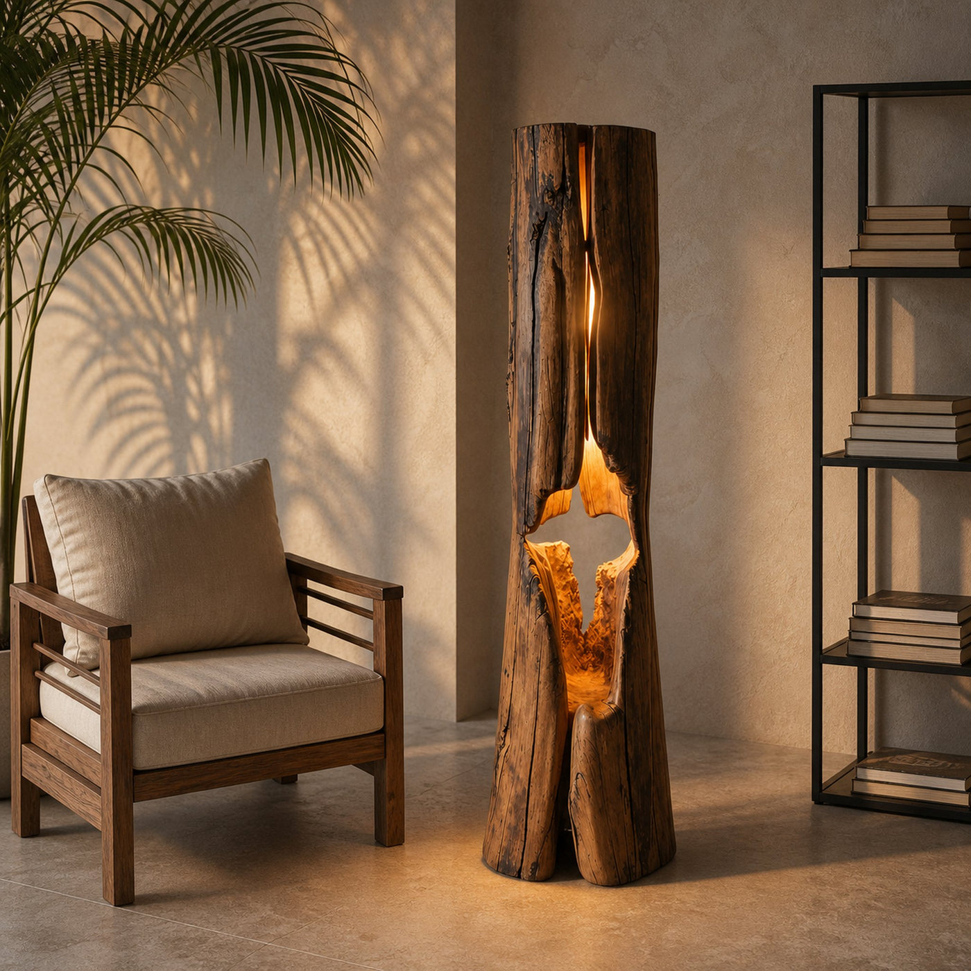 Rustic Hollowed Log Floor Lamp For Lighting In Living Room Bedroom And Office
