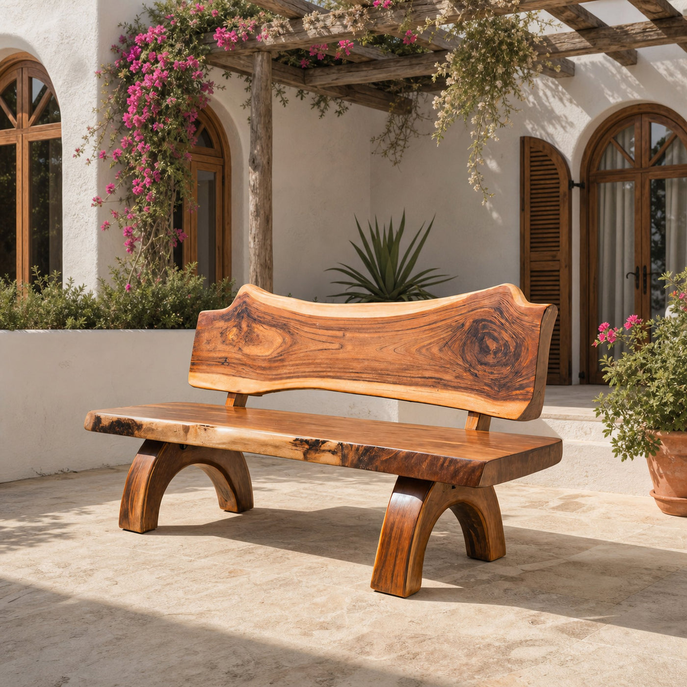 Rustic Live Edge Bench With Backrest For Patio Garden Courtyard