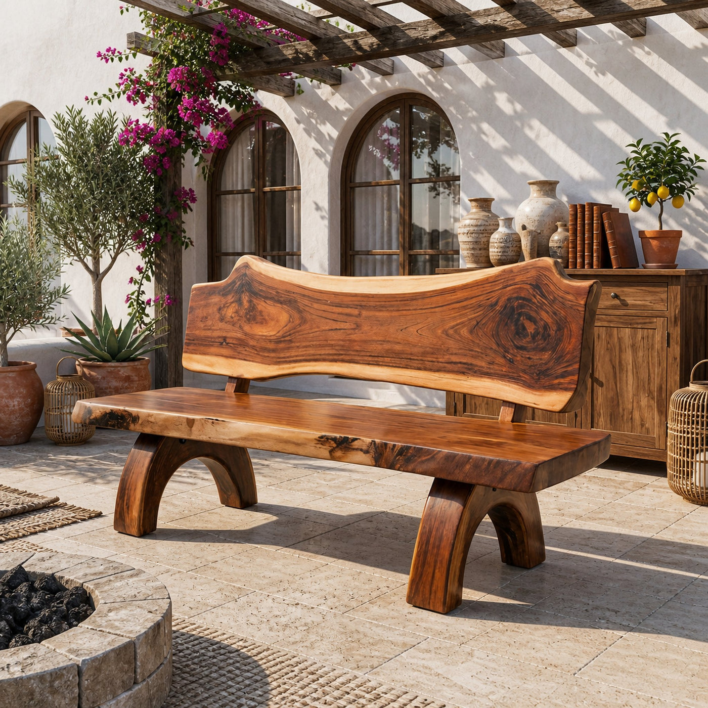 Rustic Live Edge Bench With Backrest For Patio Garden Courtyard - product view 6