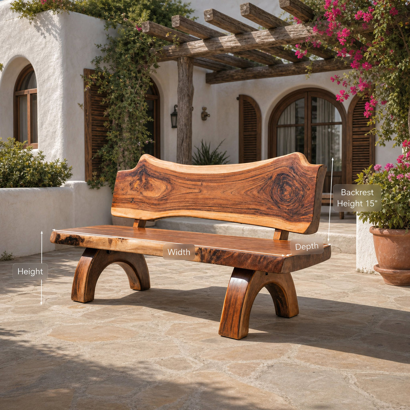 Rustic Live Edge Bench With Backrest For Patio Garden Courtyard - product view 8