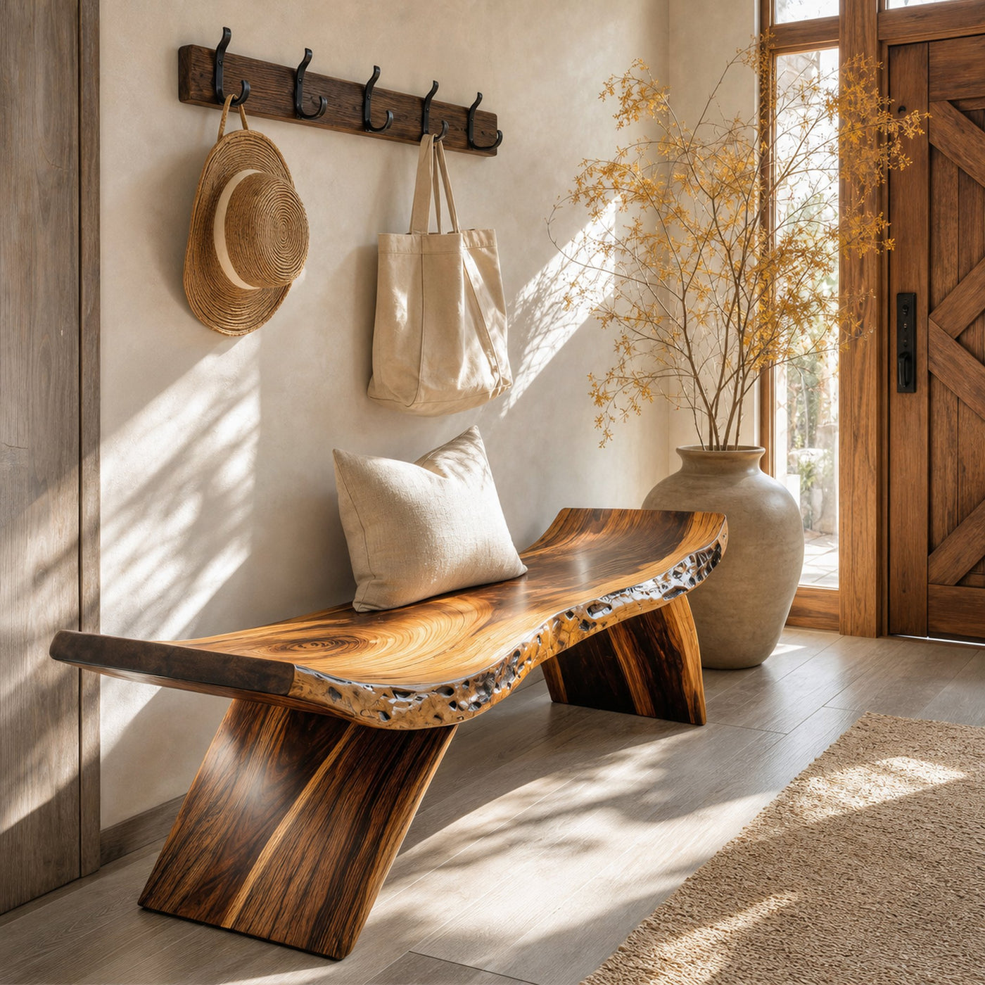 Rustic Live Edge Bench With Organic Curves For Entryway