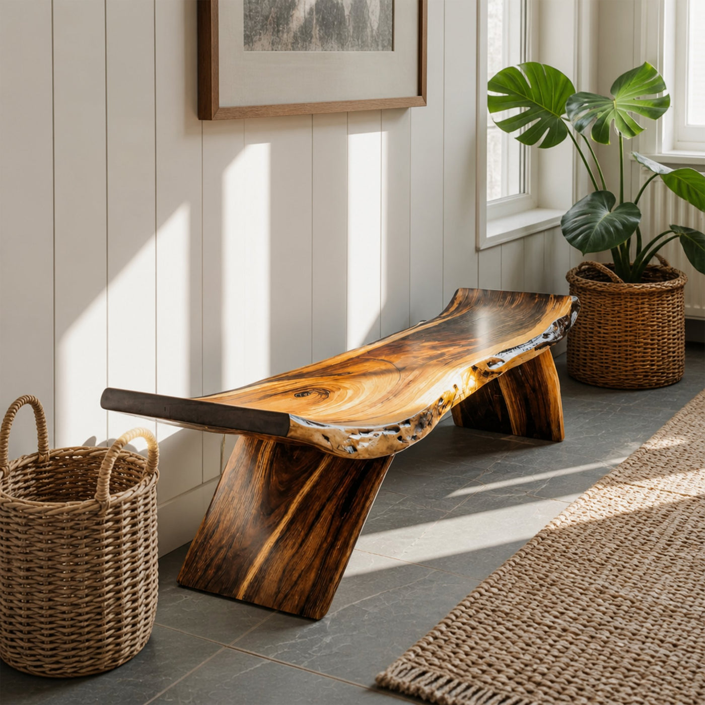 Rustic Live Edge Bench With Organic Curves For Entryway - product view 6