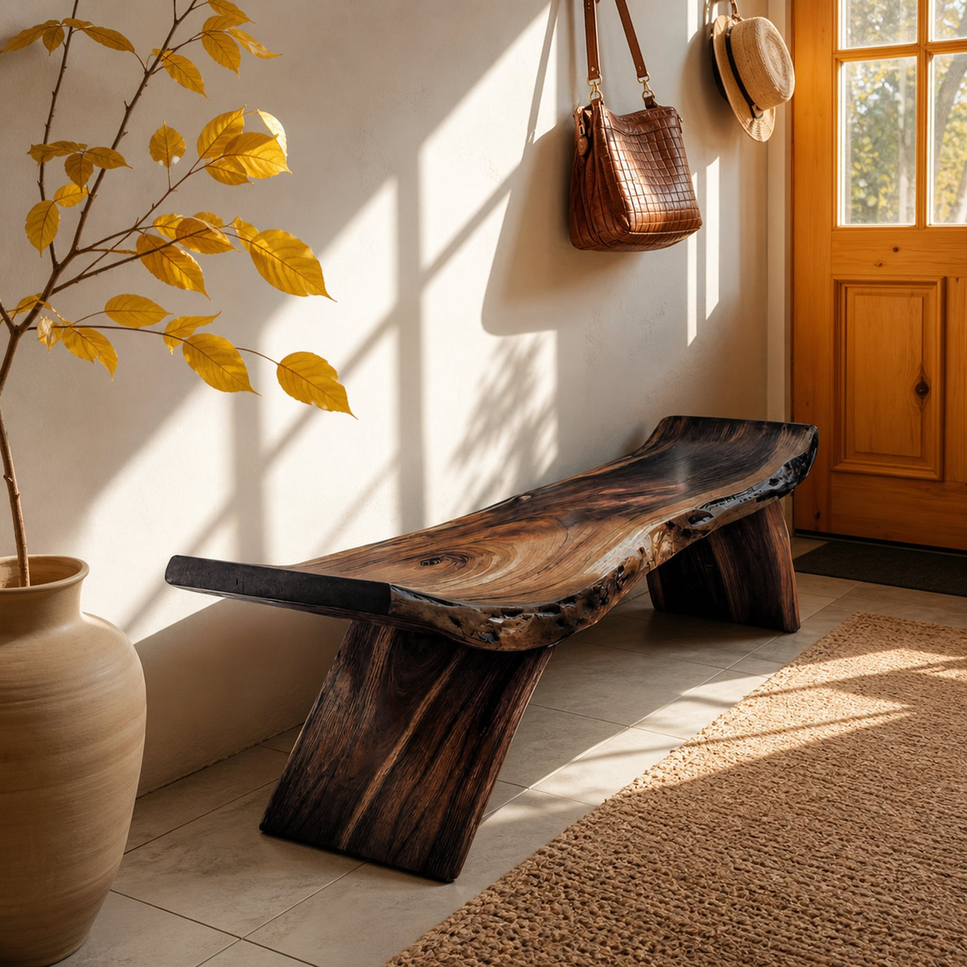 Rustic Live Edge Bench With Organic Curves For Entryway - product view 7